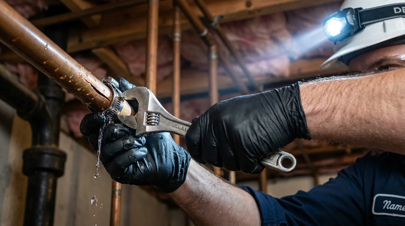 Emergency pipe clamp repair being performed by a Johns Plumbing LLC plumber in Sumiton