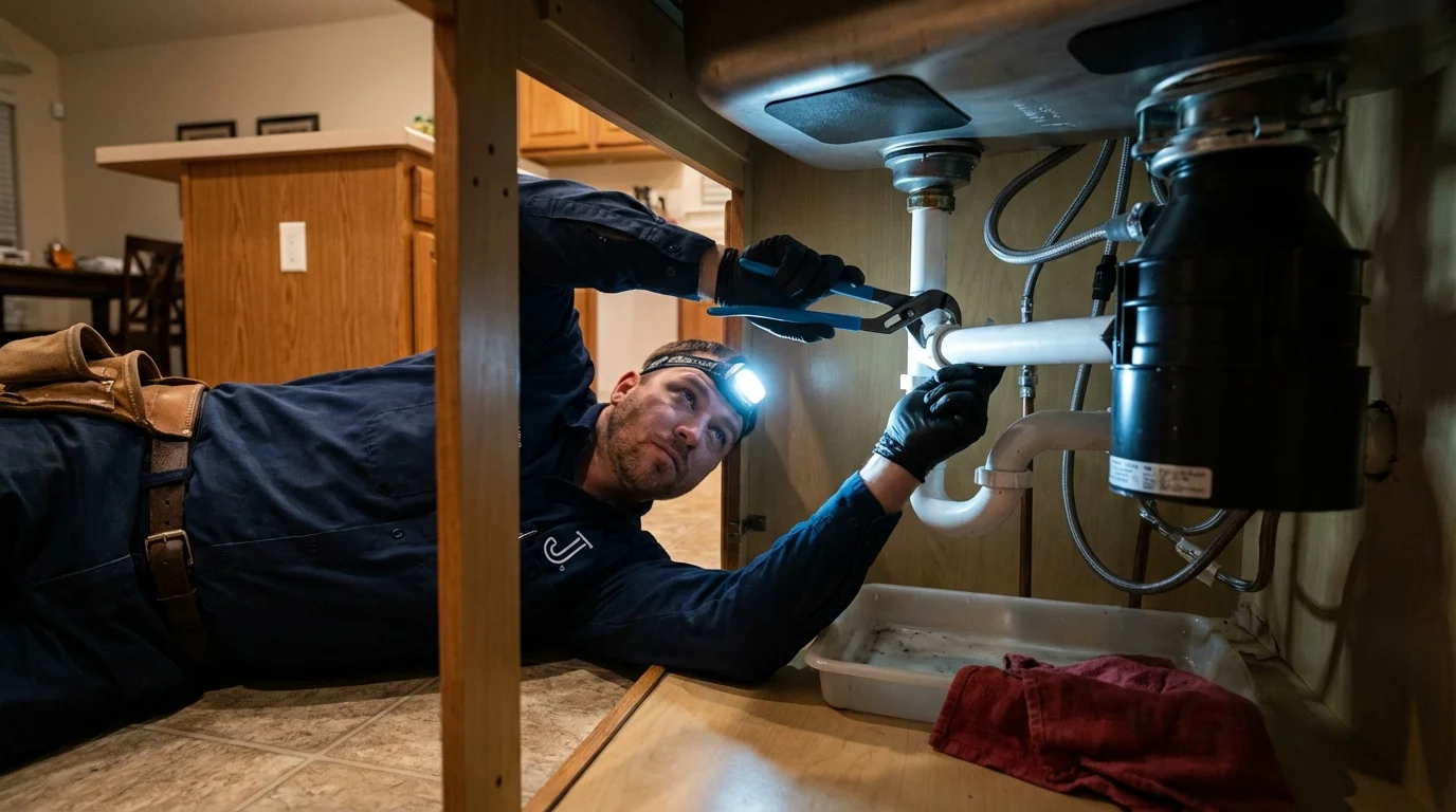 P-trap and supply line connections under a kitchen sink showing a common leak point in Sumiton, AL
